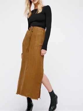 Free People Women’s Brown Linen City Maxi Skirt with Drawstring Waist Size L